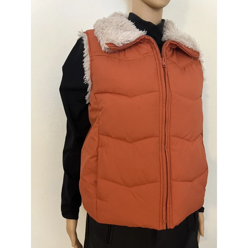 Vintage Y2K Baileys Point Orange Quilted Puffer Faux Fur Trim Womens Vest Size L